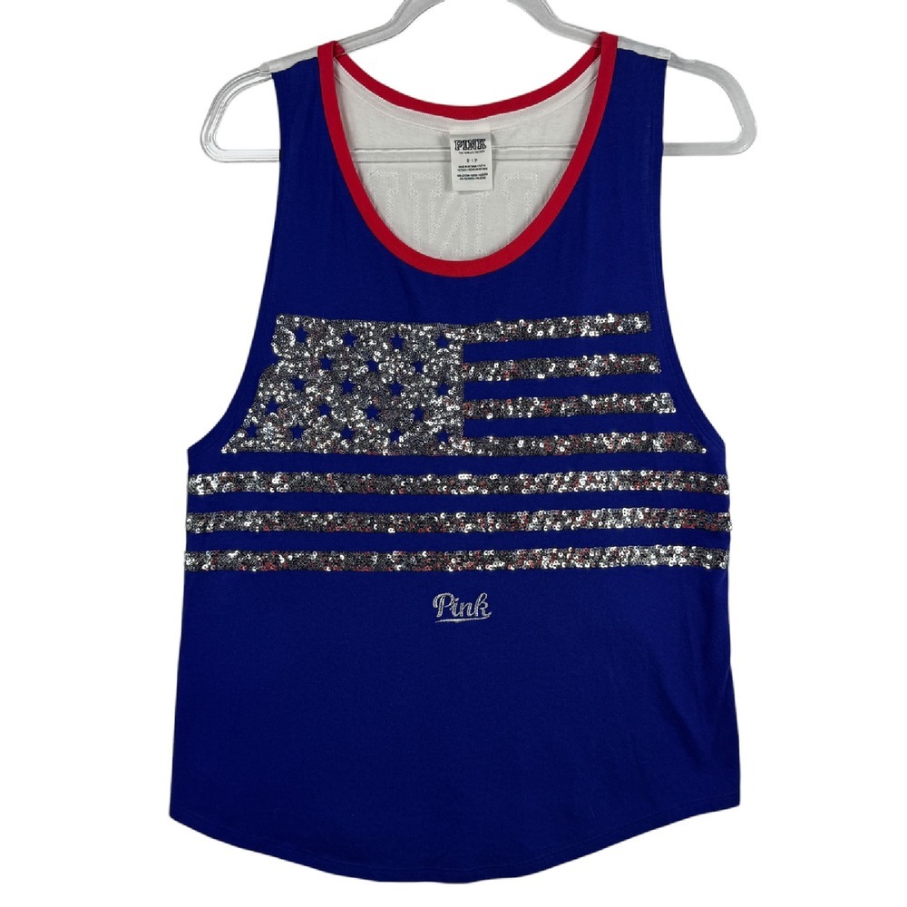 PINK Victoria's Secret Bling American Flag Sequin Tank Top Patriotic Blue‎ Red S
